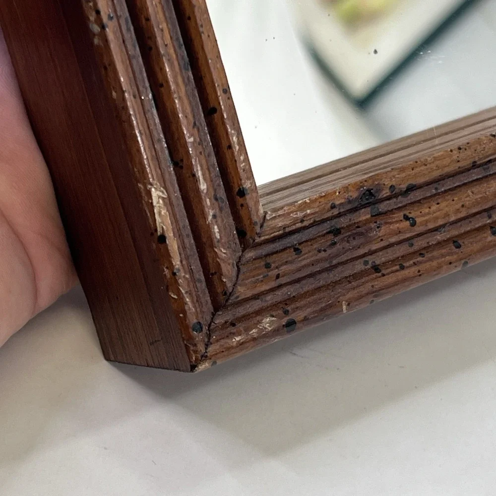 Carved Wood Square Wall Mirror 8x8 Brown Frame Diamond Hang Option
